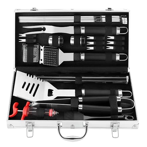 grilljoy 24PCS Stainless Steel BBQ Tool Set with Aluminum Case - Ideal Grill Tool Set Gift for Men Dad Husband - Fathers Day Birthday - Heavy Duty BBQ Accessories Kit with Heat-Resist Plastic Handle