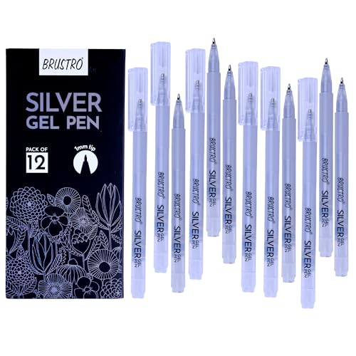 Image of BRUSTRO Silver Gel Pen|Pack of 12-1mm Metal Tip,Opaque and Viscous Ink|Ideal For Drawing,Writing,Highlighting,Doodling,Scrapbooking,Mandala Art,Illustration,Fine Art Students and Professionals