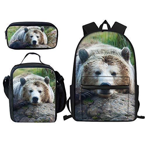 Bear School Bags Large Backpacks Set for Girls Personalized Book Bag with Lunch Bag and Pencil Case for Boys