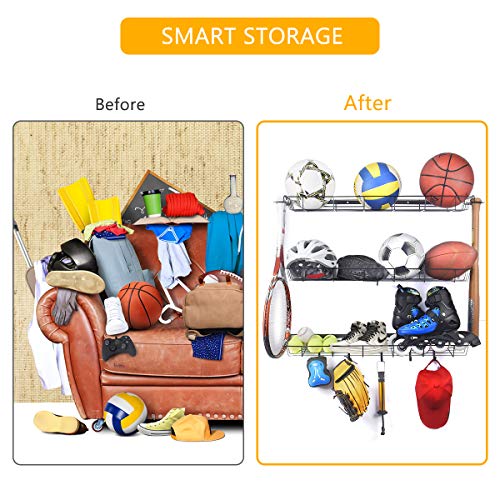 Kinghouse Sports Equipment Storage Rack, Sports Ball Storage Rack with 3 Baskets and 4 Hooks, Ball Rack for Garage, Garage Ball Storage, Sports Gear Storage, Black, Steel, Wall Mount - Thumbnail 4