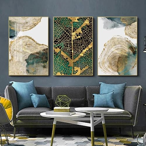 Tableau moderne pour salon : triptyque abstrait aux anneaux dorés 60x80