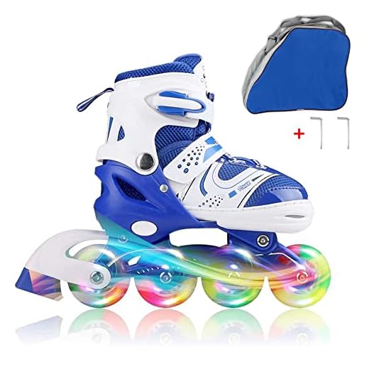 JIFAR Youth Children’s Inline Skates for Kids, Adjustable Inline Skates with Light Up Wheels for Girls Boys, Indoor&Outdoor Ice Skating Equipment Small Size(12J-2 US),Blue