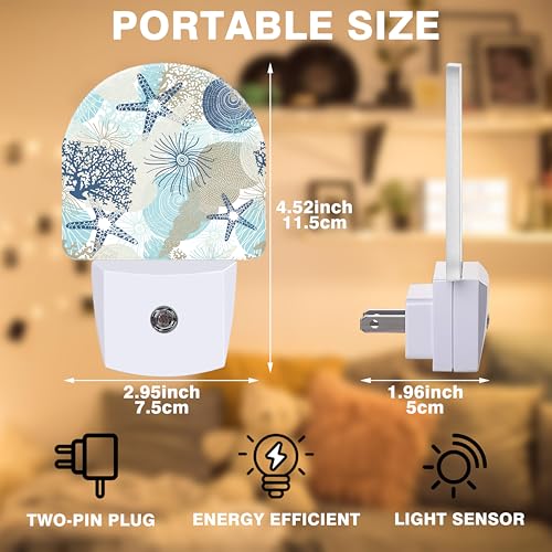 Image of Night Light, Corals and Seashells Night Lights Plug into Wall Dusk to Dawn Sensor Round Nightlight for Women Men Energy Efficient Led Lamp 0.5W for Stairway Hallway Bedroom
