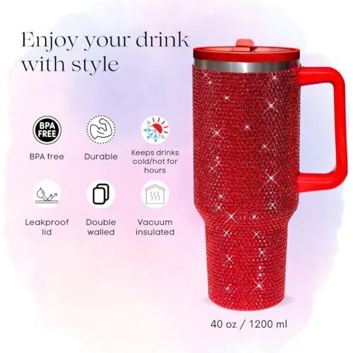 Image of 40 Oz Rhinestone Tumbler with Handle and Flip Straw | Insulated Stainless Steel Double Layer Bling Tumbler | Leak Proof Glitter Tumbler for Women | Reusable 1200ml Travel Bling Cups Red