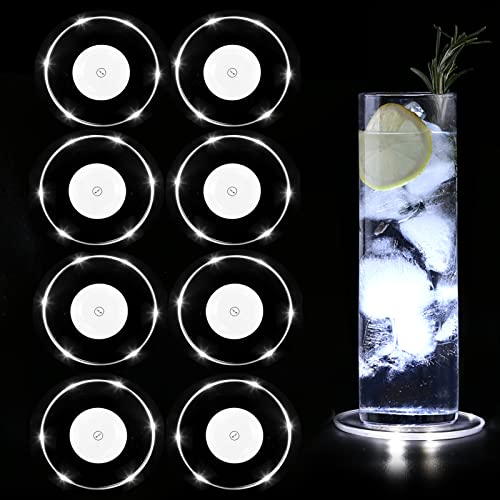 MEDOYOH Lot de 8 sous-verres à LED blanc froid lumineux pour boissons, bouton ON/Off - Ensemble de sous-verres étanches - En acrylique - Pour portes rondes - Pour fêtes de mariage, bar, Noël, pub Cover