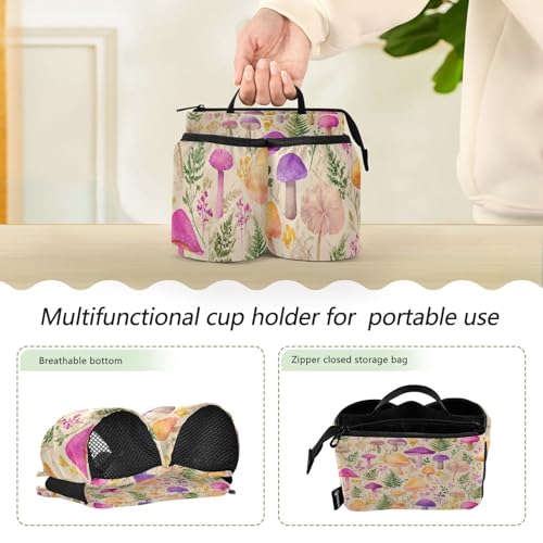 Image of Luggage Cup Holder for Suitcases Free Hands Suitcase Cup Holder Travel Luggage Drink Holder Portable Luggage Cup Caddy Bag Carrier with Handle Mushroom Colorful Pattern