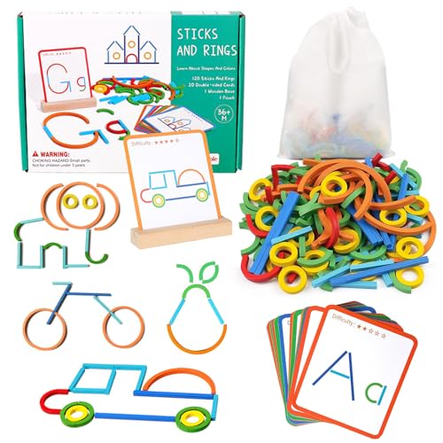 Montessori Spielzeug ab 3 Jahre, Vorschule Lernspiele, Holz Geoboard, 120 Holz Sticks und Ringe 20 Karten für Unzählige Spannende Figuren, Form Farberkennung Montessori Steckpuzzle für Jungen Mädchen