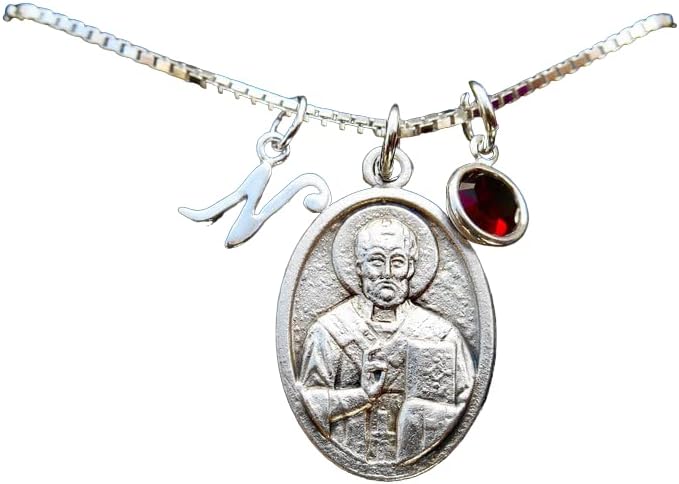 Miniatura 2 de Saint St Nicholas Icon Necklace - 18" Sterling Silver Box Chain- Crystal Birthstone - Patron Saint of Children and Sailors- Confirmation Gift-