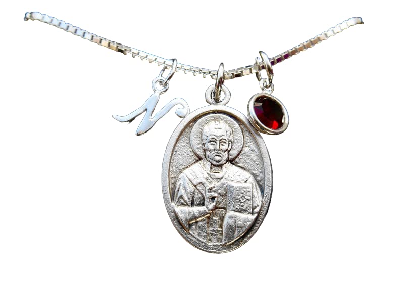 Miniatura 2 de Saint St Nicholas Icon Necklace - 18" Sterling Silver Box Chain- Crystal Birthstone - Patron Saint of Children and Sailors- Confirmation Gift-