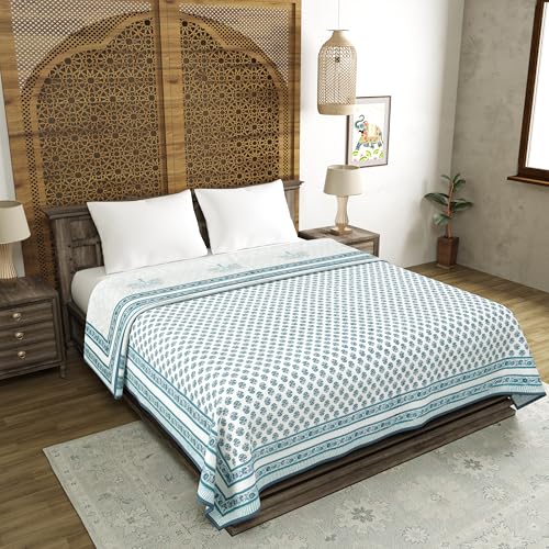Image of BLOCKS OF INDIA 100% Cotton Dohar King Size Reversible Hand Block Printed Malmal Summer Dohar /Blanket (Blue Tree)-300 TC