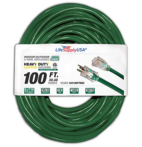 100 ft Extension Cord 10/3 SJTW with Lighted end - Dark Green- Indoor / Outdoor Heavy Duty Extra Durability 15 AMP 125 Volts 1875 Watts ETL Listed - by LifeSupplyUSA