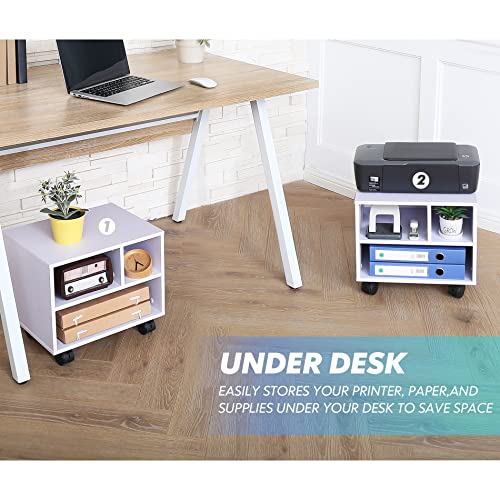 Fitueyes Under Desk Printer Stand With 3 Storage Organizer Compartments, White Mobile Small Printer Table Work Cart On Removable Casters For Home Office, 15.7 In. W X 11.8 In. D X 13.8 In. H #TOP5