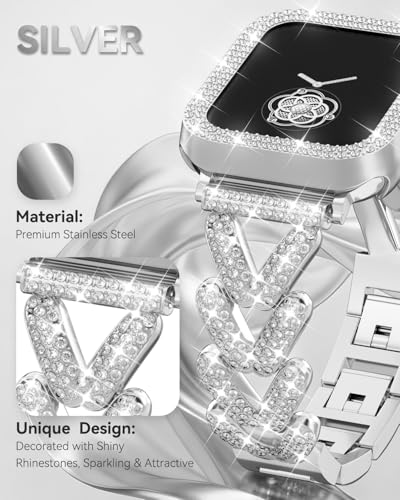 Image of Rhinestones Encrusted Metal Bracelet and Case, Compatible with Apple Watch Bands 38mm-49mm (Series 11 /1 /SE /Ultra 2)- Bling Gold Women's Jewelry Strap, Luxury iWatch Bracelet with Screen Protector