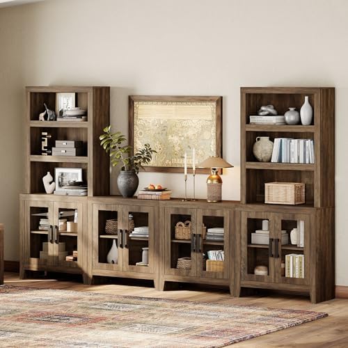 WAMPAT Farmhouse Entertainment Center with Bookshelves, 4-Piece M...