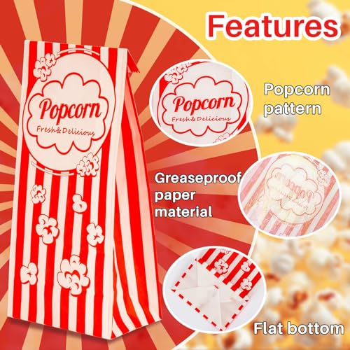 Image of MAQIHAN 500 Popcorn Bags Flat Bottom - Small Disposable Paper Bag for Popcorn, Popped Kernels Container, Movie Night Supplies for Halloween Christmas, Carnival Games Party, Popcorn Machine Accessories