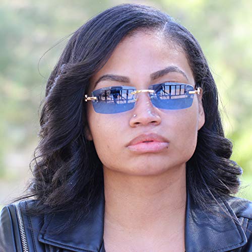Flawless Slim Dean Rimless Sunglasses Rectangular Metal & Wood Art Glasses (Blue)4