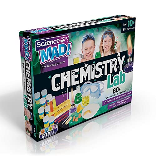 Science Mad SM40 Chemistry Lab Kit For Kids - Learn About Chemicals With 80+ Safe Educational Fun Experiments - Includes 10 Chemicals and Real Flame Burner 10+ Years Multicolor 39cm
