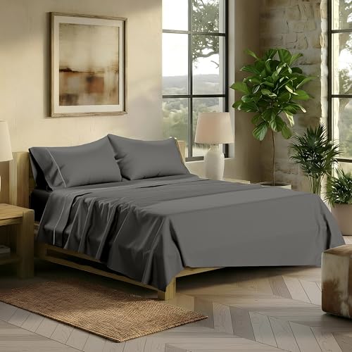 Image of TEXAS LINEN CO. 100% Egyptian Cotton Sheets Queen Size - 2000 Series Luxury Queen Bed Sheet Set, Silky Soft Cooling Sateen Weave, 17 inch Extra Deep Pocket Hotel Collection Sheets (4 Pc, Dark Grey)