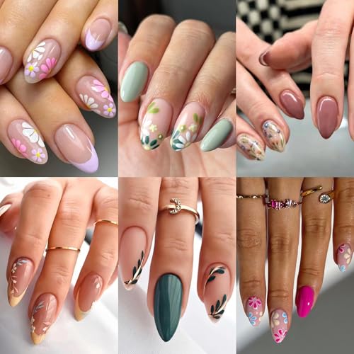 6 Packs (144 Pcs) Almond, Flower & Leaf Press on Nails - Short, M...