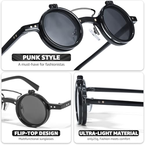 IGnaef Retro Flip-Up Round Seampunk Sunglasses 90's Style Small Circle Flip Glasses with Double Lenses IF3073