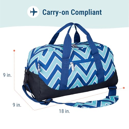 Image of Wildkin Kids Overnighter Duffel Bag - Carry-On Travel Bag for School & Sleepovers, Lightweight, Durable, Boys & Girls Ages 4-15 - Chevron Blue