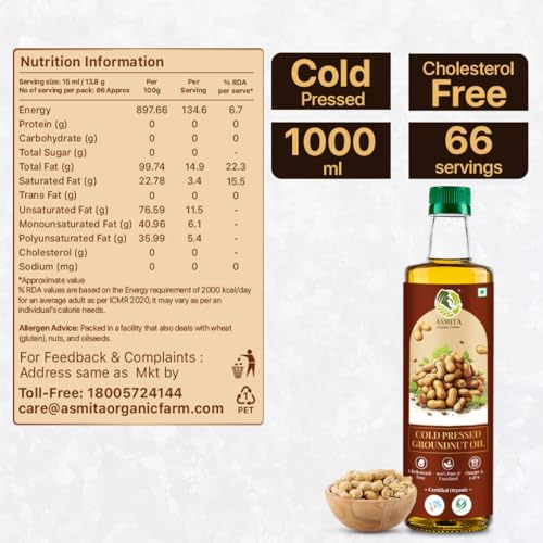 Image of Asmita Organic Farms Cold Pressed Groundnut Oil, Kacchi Ghani, 1L | 100% Pure & Unrefined | Rich Aroma & Flavor | Organic Certified Peanut Oil | Heart-Healthy, Chemical-Free Cooking Oil