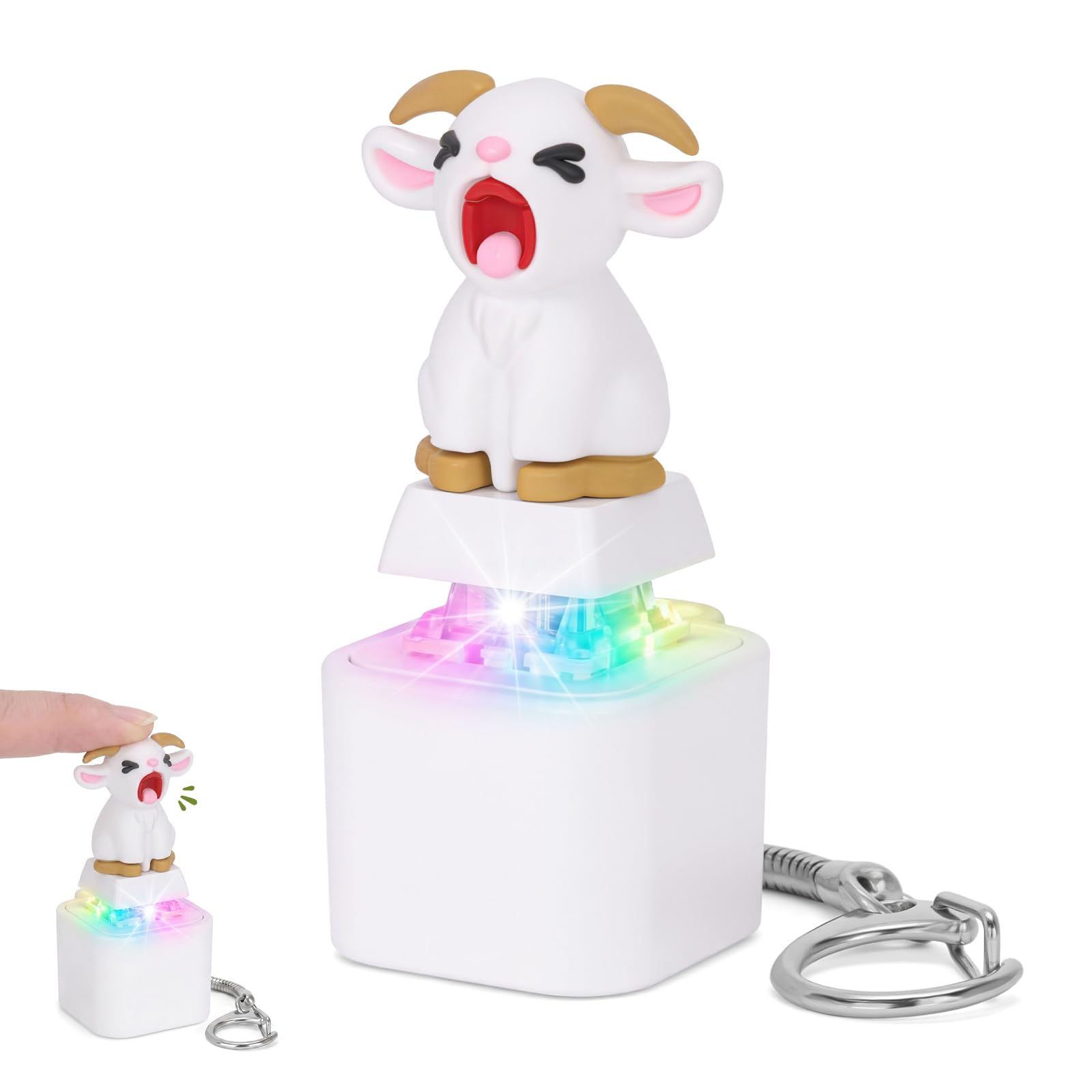 FunisFun Squeaking Goat Keyboard Fidget Toy, Rechargeable Finger Clicker Keyboard Keychain with Goat Scream Sound and LED Light, ASMR Desk Toy for Adults Office Gag Gift