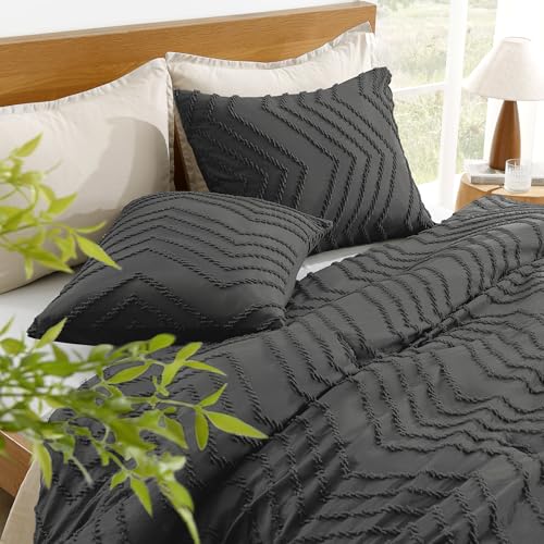 Image of Litanika Boho King Comforter Set, 3 Pcs Dark Grey Lightweight Bedding Set