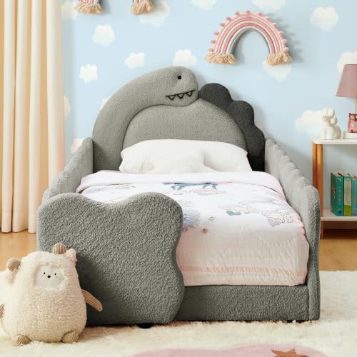 Image of Twin Size Kids Bed with Dinosaur Headboard, Upholstered Boucle Fabric Twin Daybed with Slats Support & Side Pocket, Space-Saving Wooden Corner Sofa Couch Day Bed Frame for Girl, Boy, Teenager(Grey)