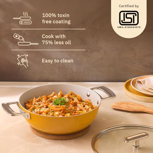 Image of Ember Cookware Arcilla Ceramic Kadai 24 cm, 2.6L with Metallic Lid | 75% Less Oil Usage | Lightweight, Non-Toxic Non-Stick Ceramic Kadai | PFAS & PFOA Free | Induction Cookware | Benares Gold