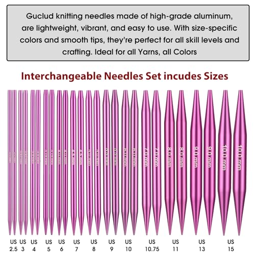 Image of Guclud 4-Inch Interchangeable Circular Knitting Needles Set | US 2.5-15 (3.0-10.0mm) | 13-Pair of Metal Circular Needles | 4 Cables (16 inch, 24 inch, 32 inch, and 40 inch), Accessories & Case