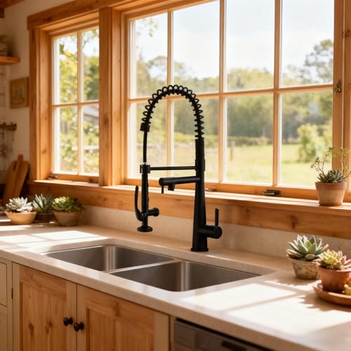 Image of Copper Kitchen Faucet, Solid Brass Matte Black Kitchen Faucet, Heavy Duty Spring Pre-Rinse Single Handle Kitchen Faucets with Pull Down Sprayer and Pot Filler, Commercial Style Sink Faucet