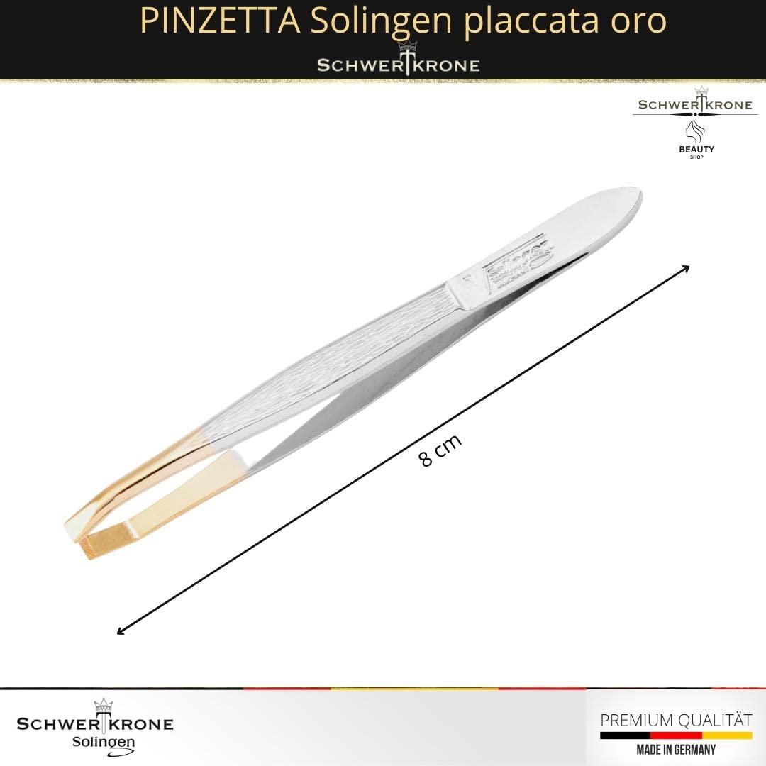 SCHWERTKRONE Pinzetta Professionale Solingen 8 cm - Inclinata e Angolata per Sopracciglia - Placcata Oro, Prodotto in Germania