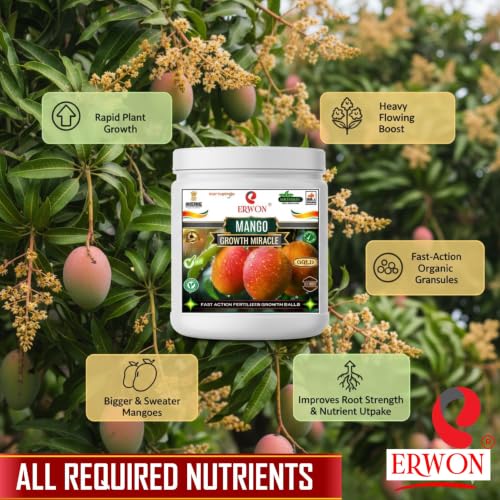 Image of Erwon Mango GROWTH MIRACLE Fertilizer, Fast Action Organic Granules for rapid Growth and Heavy Flowering and Bigger Fruits. (400 gm)