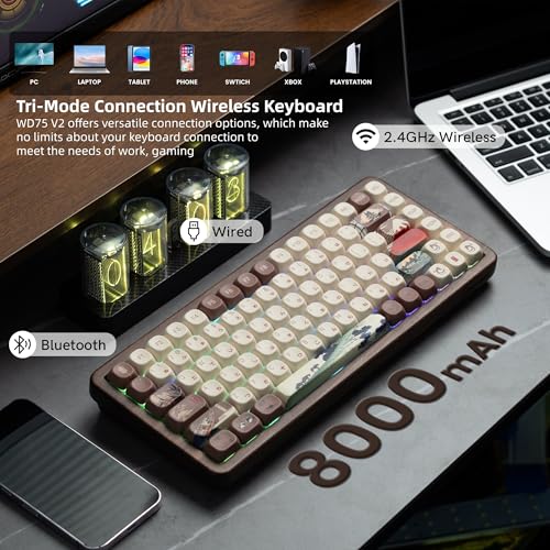 Image of Womier 75% Wireless Creamy Keyboard with Wood Shell, QMK /VIA WD75 V2 | Retro Mechanical Gaming Keyboard 8000mAh Battery,Tri-Mode Custom Keyboard RGB Hot Swappable,MOA Japanese Keycap-Linear Switch