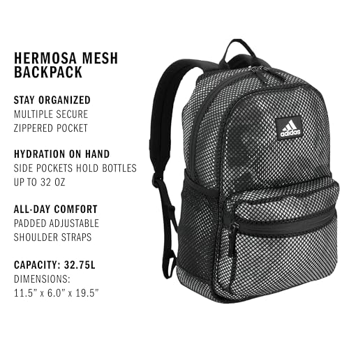 adidas Hermosa Mesh Backpack, See-Through Transparent Clear Festival Bag, Black/White/2.0, One Size2