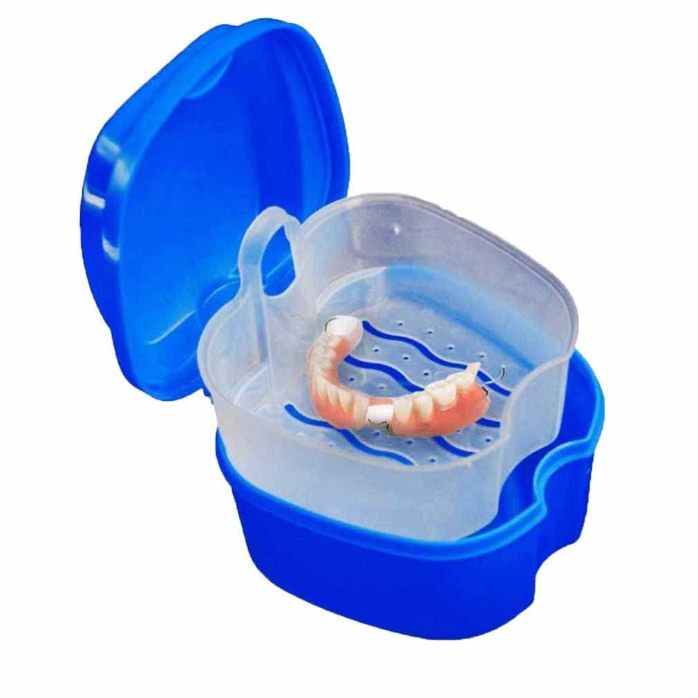 Denture Soaking Container Partial Denture Case, Orthodontic Retainer Cleaning Case Denture Cleaner Container Dentures Teeth Cup with Strainer and Lid Waterproof for Home & Travel (Dark Blue)