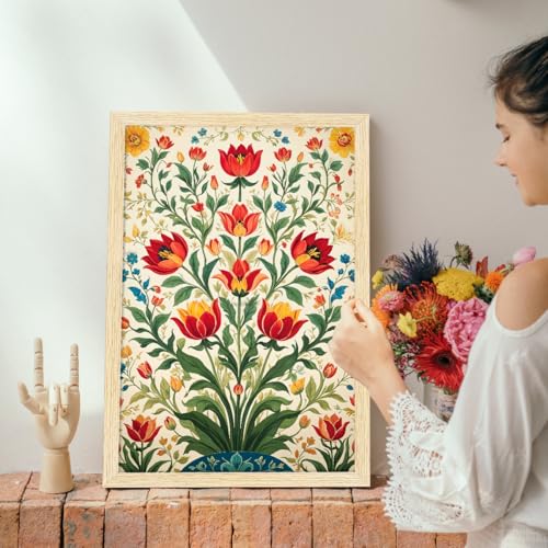 Image of ArtX Paper Flowers Art Paintings with Frame for Home Decor, Floral Wall Painting for Living Room, Multicolor, Natural Wood Color Frames, Set of 2