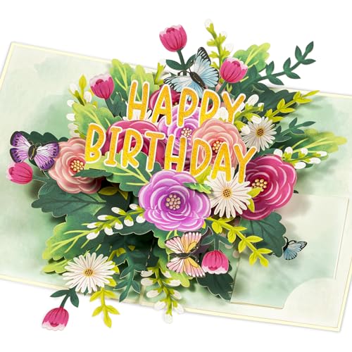 POPWOW Happy Birthday Pop Up Card, Flowers and Butterflies, Floral 3D Greeting Card, Gift for Mom, Sister, Women, Grandma, Stepmother, Aunt, Daughter, 5x7 - Includes Envelope And Message Note