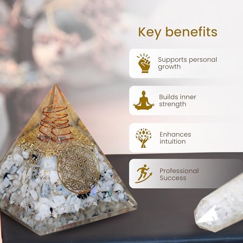 Image of Rainbow Moonstone Orgone Pyramid - Handcrafted Healing Crystal for Positivity, Strength, Meditation, Yoga, Reiki & Chakra Balancing