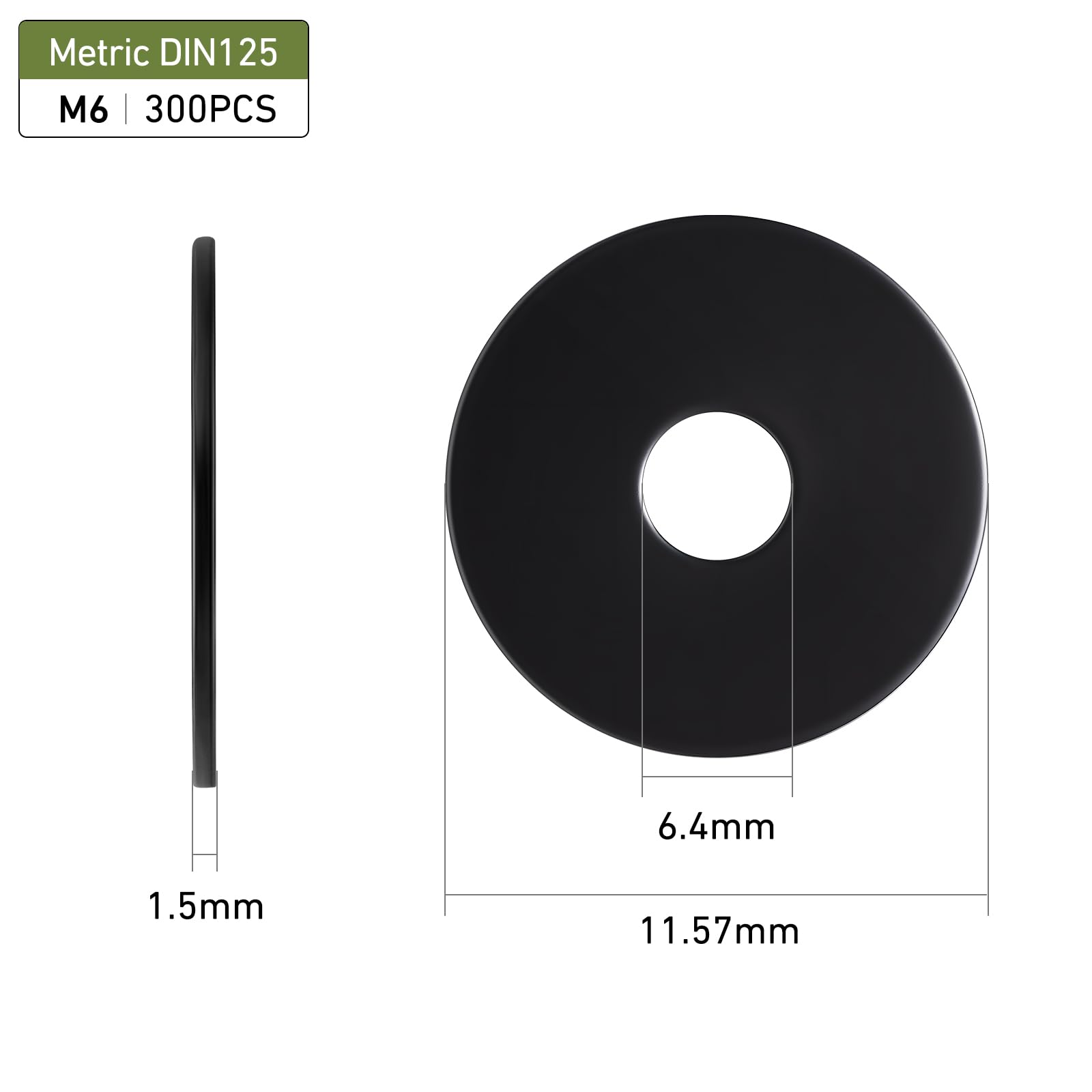 300PCS M6 Flat Washers, Black Oxide 304 Stainless Steel 18-8, 6.4mm ID x 11.57mm OD Hardware Washers for Screws Bolts — view 2