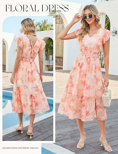 Image of GRACE KARIN 2026 Womens Summer Dresses V Neck Ruffle Sleeve Floral Boho Beach Dress A-Line Swing Midi Wedding Guest Sundress