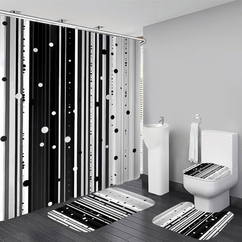 AZHM Black and White Dotted Pearl Shower Curtain Sets,4pcs Bathroom Sets with Shower Curtains and Rugs and Accessories with 12 Hooks
