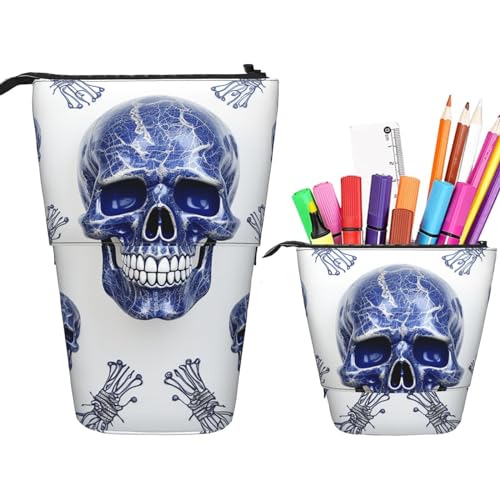 Astuccio per matite con stampa di fumetti di limone carino astuccio per retrattile per cancelleria Teschio su sfondo Taglia unica Portamonete blu bianco