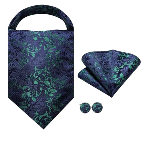 Image of Hi-Tie Silk Ascot for Men Self Tie Men's Cravat and Flower Lapel Pin Handkerchief Cufflinks Set for Wedding Party