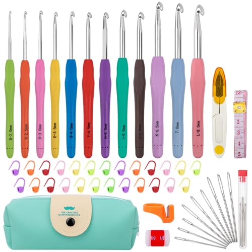 Crochet Hooks Set 51 Pack Knitting Kit, 12 Sizes Crochet Hooks, Crochet Kits for Beginners Adults, Aluminum Crochet Needles with Crochet Hook Case Ergonomic Grip for Arthritic Hands Crochet Gift
