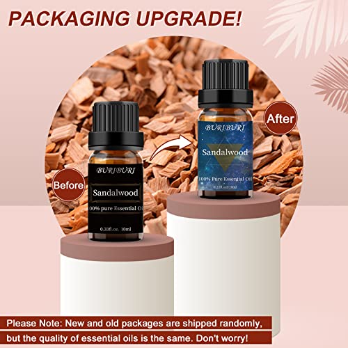 Image of BURIBURI Sandalwood Essential Oils for Diffuser, Skin, Hair, 100% Pure, Fragrance Oil for Candle Soap Perfume Making, Natural, Organic Aromatherapy Sandalwood Oils 10ML