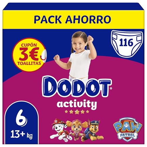 Dodot Pañales Bebé Activity, Talla 6 (13-18 kg), 116 Pañales, Hasta 12h de Protección Antifugas y Ajuste, Pack Mensual