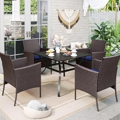 Sophia & William Patio Table and Chairs Set for 4, 5 Pieces Outdoor Dining Set, Square Metal Outdoor Table and Rattan Chairs with 1.57" Umbrella Hole, Seat Cushions
