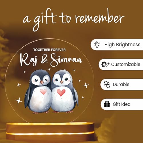 Image of PRINTHUA Plastic Personalized LED Night Table Lamp with Custom Name,Unique Gift for Women,Men,Kids,Girlfriend,Boyfriend,Husband,Wife,Perfect for Birthdays,& Special Occasions (Cute Penguin),Black
